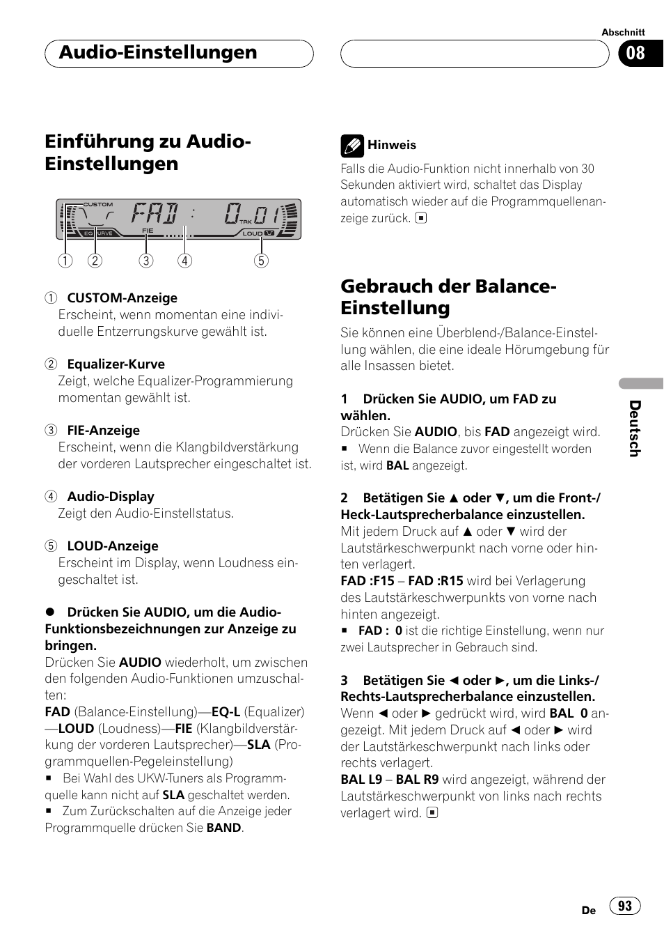 Audio-einstellungen, Einführung zu audio-einstellungen 93, Gebrauch der balance-einstellung 93 | Einführung zu audio- einstellungen, Gebrauch der balance- einstellung | Pioneer DEH-P2500R User Manual | Page 93 / 104