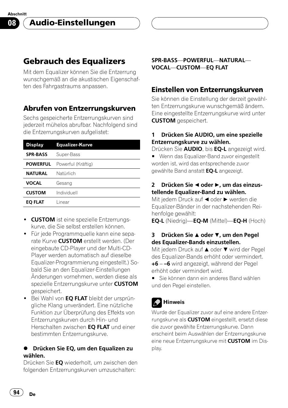 Gebrauch des equalizers 94, Abrufen von entzerrungskurven 94, Einstellen von entzerrungskurven 94 | Gebrauch des equalizers, Audio-einstellungen, Abrufen von entzerrungskurven, Einstellen von entzerrungskurven | Pioneer DEH-P2500R User Manual | Page 94 / 104