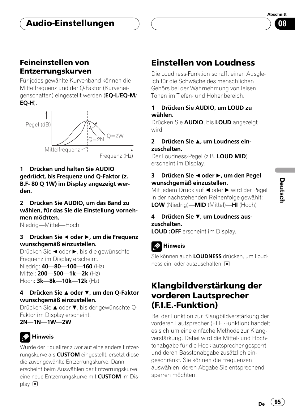 Feineinstellen von, Entzerrungskurven 95, Einstellen von loudness 95 | Klangbildverstärkung der vorderen, Lautsprecher (f.i.e.-funktion) 95, Einstellen von loudness, Audio-einstellungen | Pioneer DEH-P2500R User Manual | Page 95 / 104