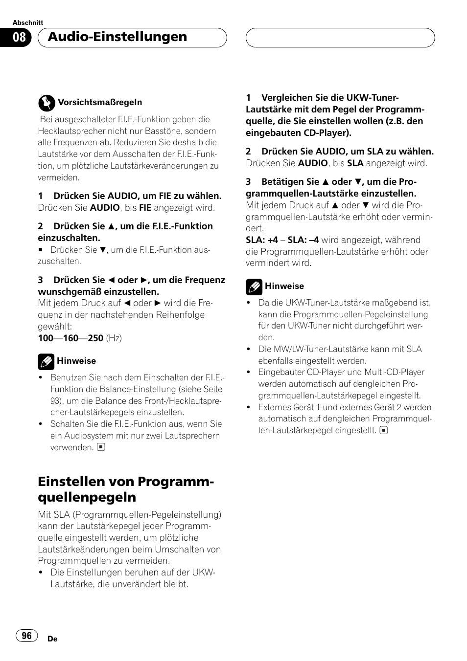 Einstellen von programmquellenpegeln 96, Einstellen von programm- quellenpegeln, Audio-einstellungen | Pioneer DEH-P2500R User Manual | Page 96 / 104