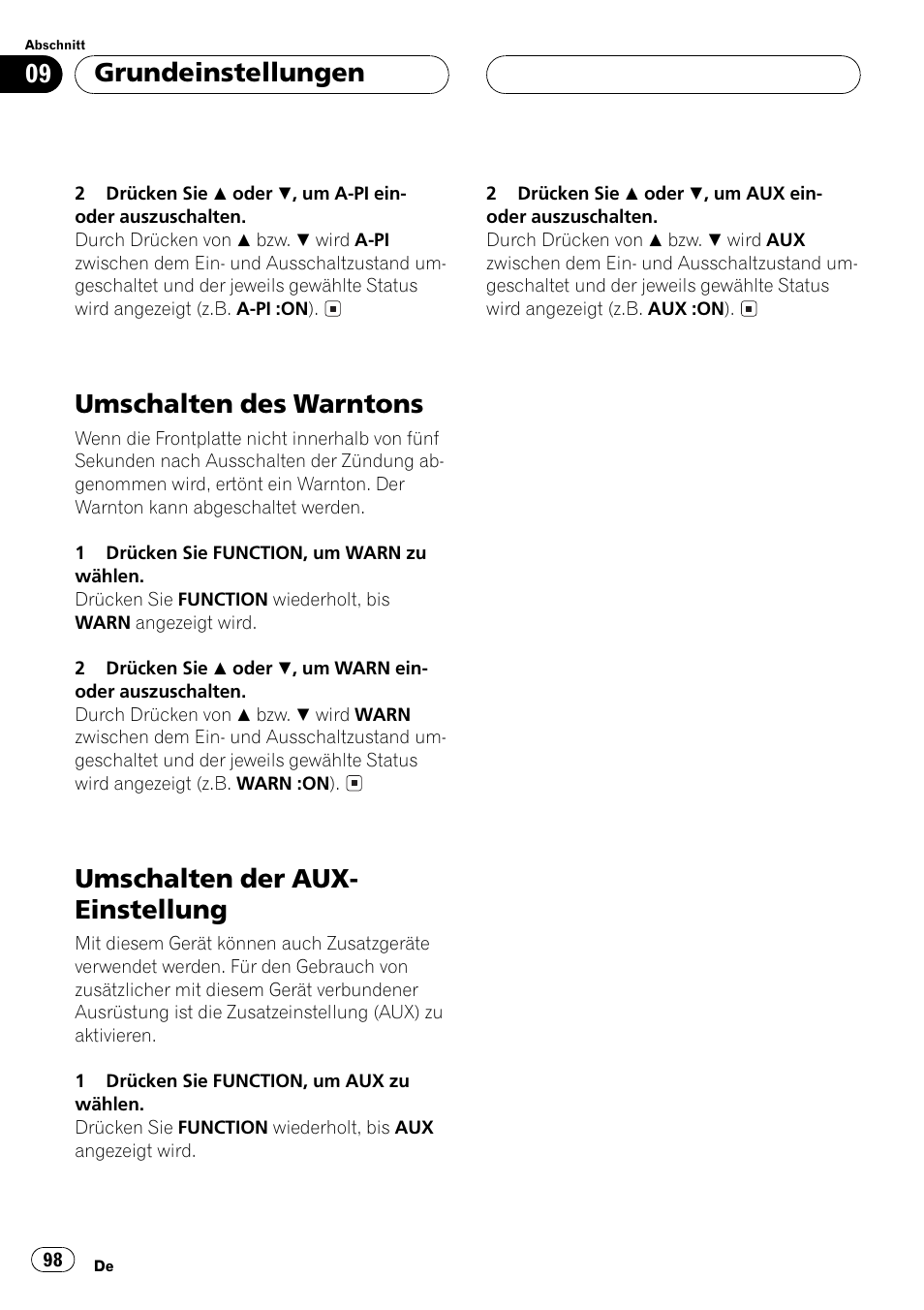 Umschalten des warntons 98, Umschalten der aux-einstellung 98, Umschalten des warntons | Umschalten der aux- einstellung, Grundeinstellungen | Pioneer DEH-P2500R User Manual | Page 98 / 104