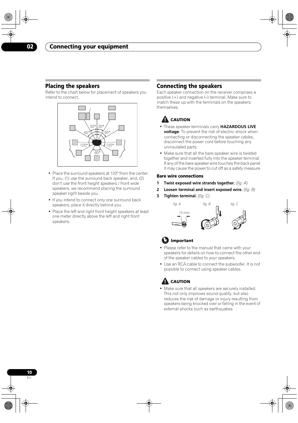 Placing the speakers, Connecting the speakers, Connecting your equipment 02 | Pioneer VSX-2020-K User Manual | Page 10 / 88