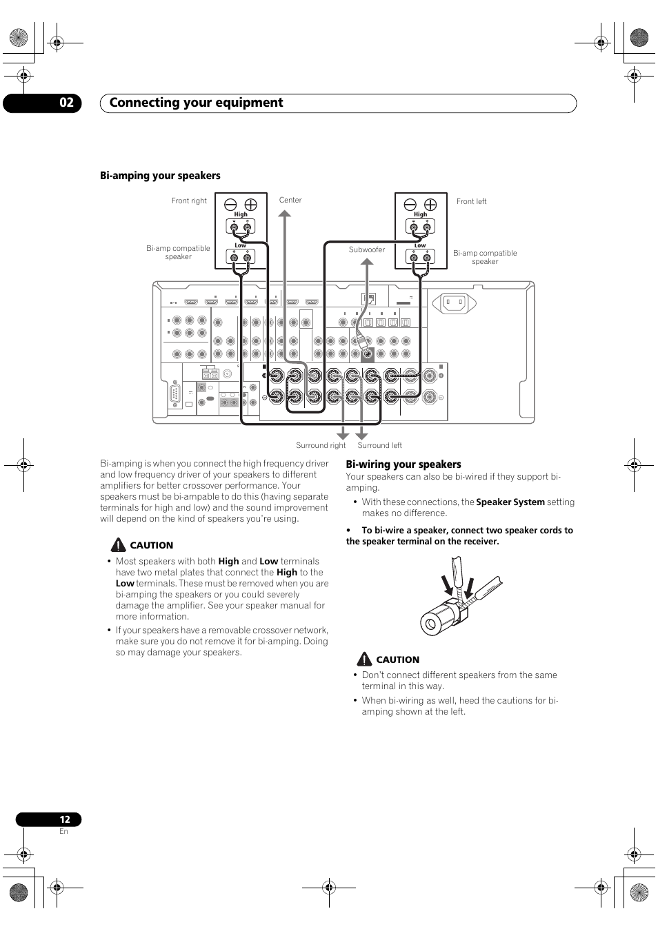 Bi-amping your speakers, Bi-wiring your speakers, Connecting your equipment 02 | Pioneer VSX-2020-K User Manual | Page 12 / 88