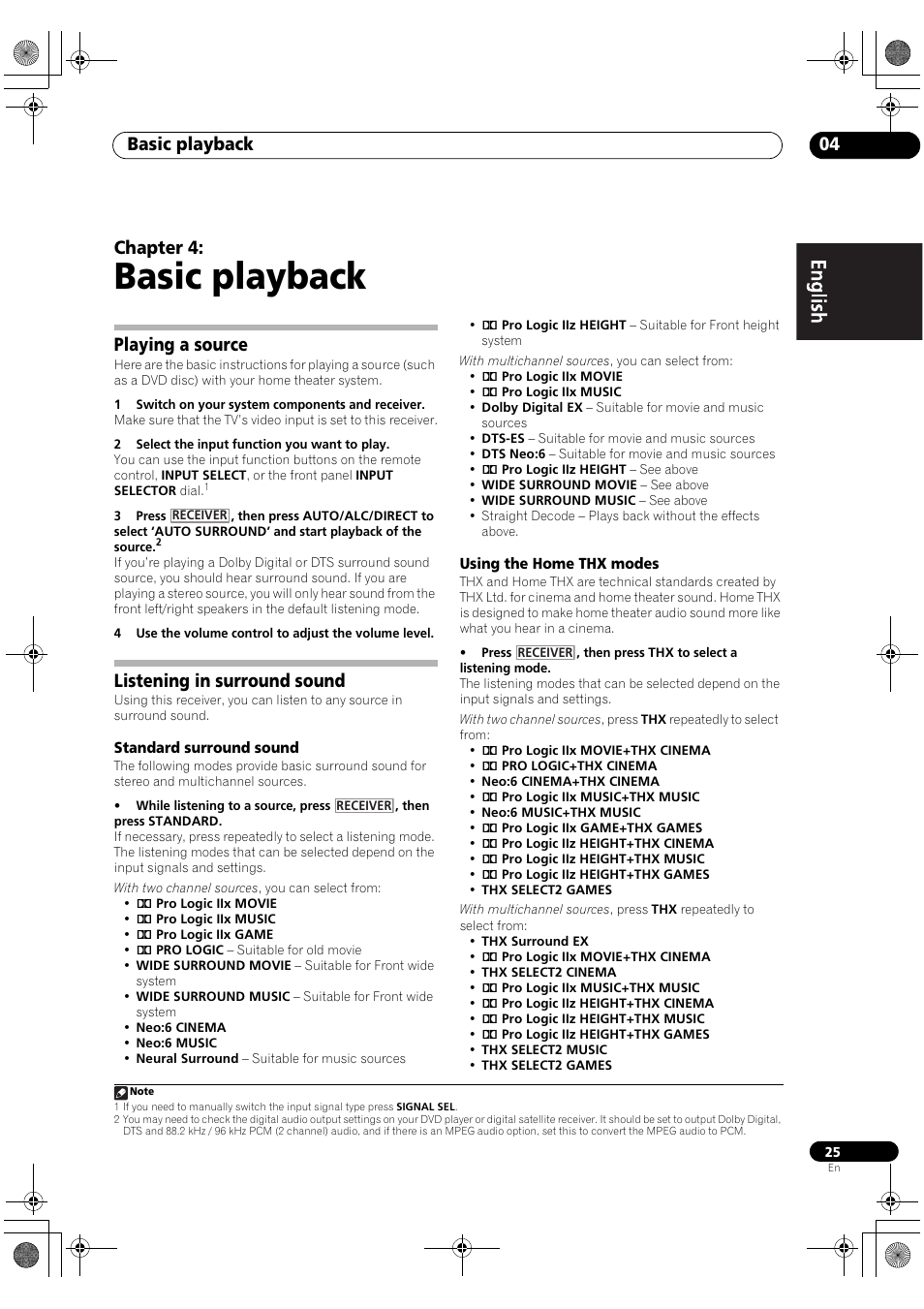 Basic playback, Playing a source, Listening in surround sound | Standard surround sound, Using the home thx modes, 04 basic playback, Basic playback 04, Chapter 4 | Pioneer VSX-2020-K User Manual | Page 25 / 88