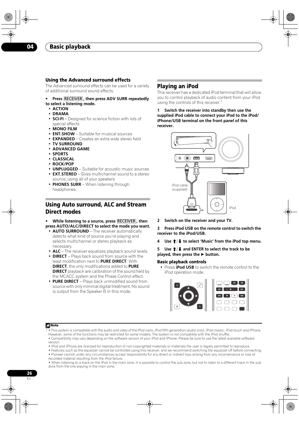 Using the advanced surround effects, Using auto surround, alc and stream direct modes, Playing an ipod | Basic playback 04, Basic playback controls | Pioneer VSX-2020-K User Manual | Page 26 / 88