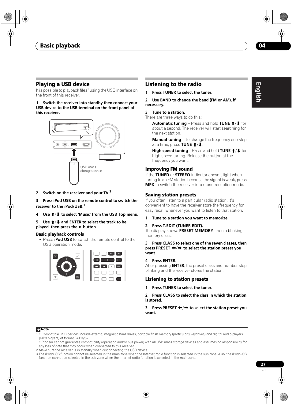 Playing a usb device, Listening to the radio, Improving fm sound | Saving station presets, Listening to station presets, Basic playback 04, Basic playback controls | Pioneer VSX-2020-K User Manual | Page 27 / 88