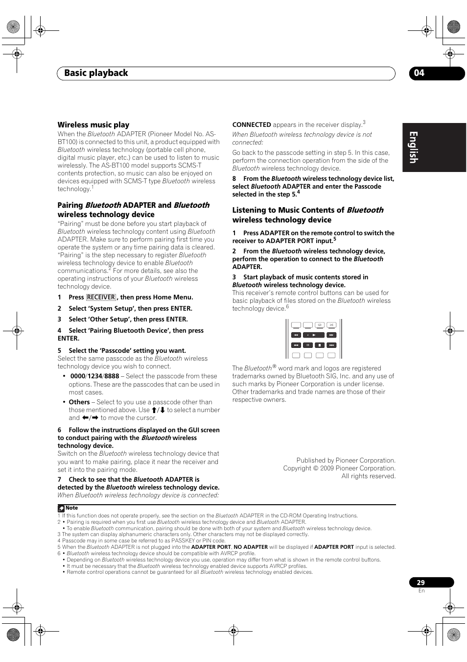 Wireless music play, Basic playback 04, Bluetooth | Pioneer VSX-2020-K User Manual | Page 29 / 88