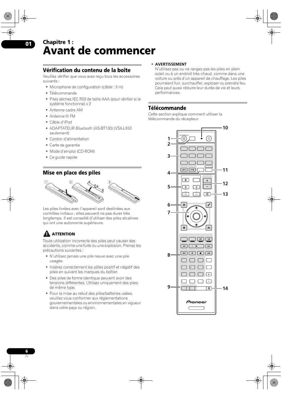 Avant de commencer, Vérification du contenu de la boîte, Mise en place des piles | Télécommande, 01 avant de commencer, Chapitre 1 | Pioneer VSX-2020-K User Manual | Page 34 / 88
