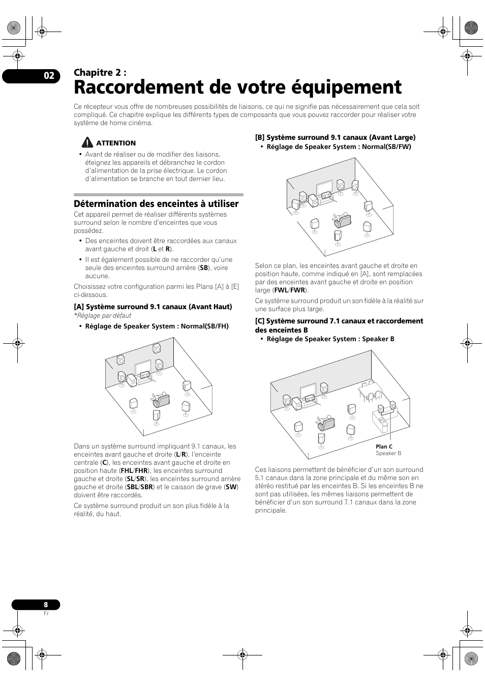Raccordement de votre équipement, Détermination des enceintes à utiliser, 02 raccordement de votre équipement | Chapitre 2 | Pioneer VSX-2020-K User Manual | Page 36 / 88