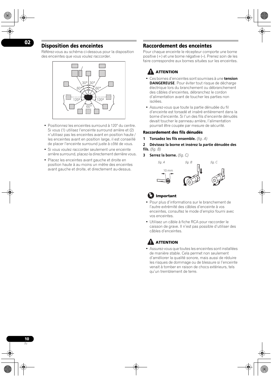 Disposition des enceintes, Raccordement des enceintes | Pioneer VSX-2020-K User Manual | Page 38 / 88