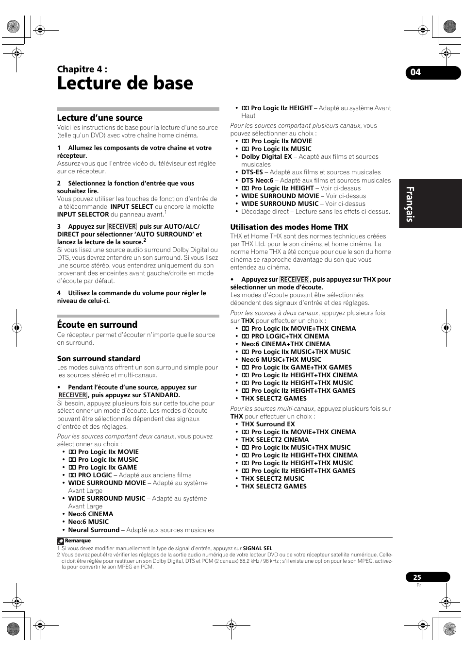 Lecture de base, Lecture d’une source, Écoute en surround | Son surround standard, Utilisation des modes home thx, 04 lecture de base, Chapitre 4 | Pioneer VSX-2020-K User Manual | Page 53 / 88