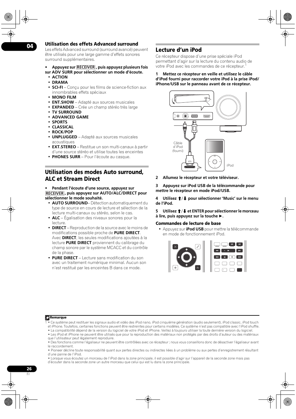 Utilisation des effets advanced surround, Lecture d’un ipod, Commandes de lecture de base | Pioneer VSX-2020-K User Manual | Page 54 / 88