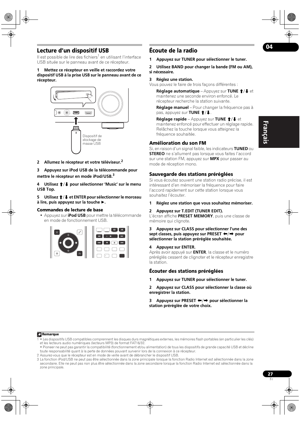 Lecture d’un dispositif usb, Écoute de la radio, Amélioration du son fm | Sauvegarde des stations préréglées, Écouter des stations préréglées, Commandes de lecture de base | Pioneer VSX-2020-K User Manual | Page 55 / 88