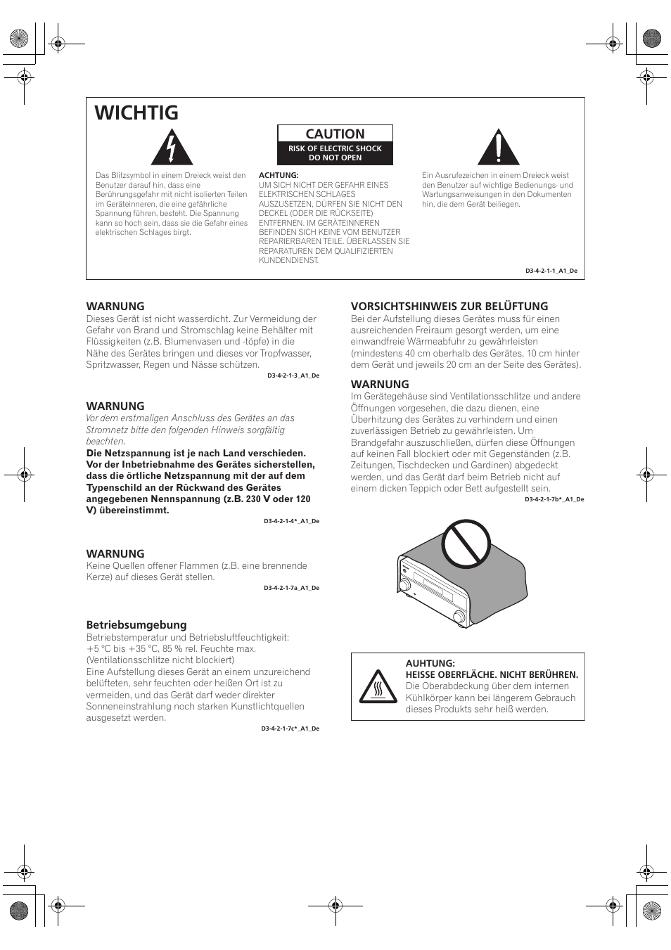 Wichtig, Caution | Pioneer VSX-2020-K User Manual | Page 58 / 88
