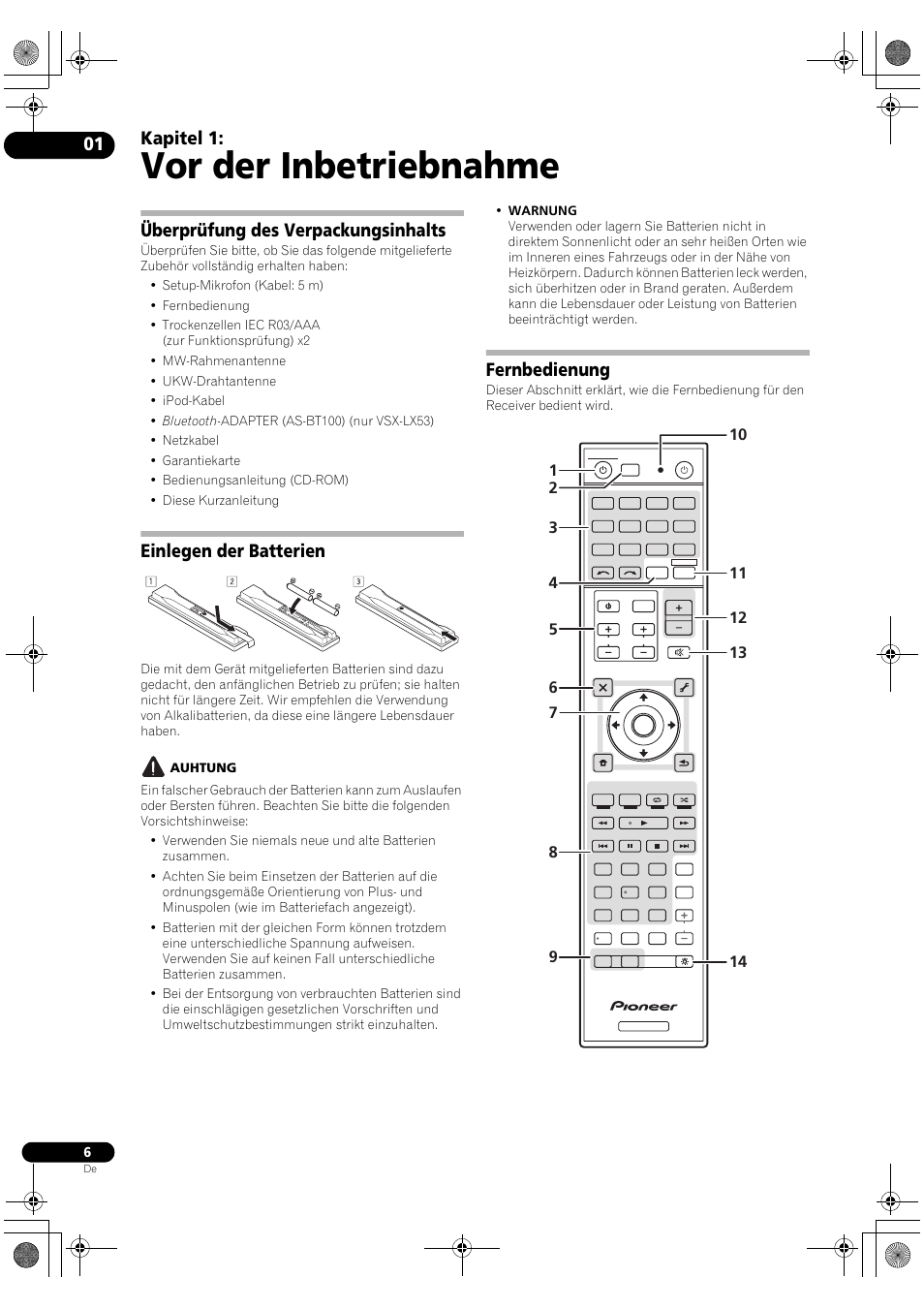 Vor der inbetriebnahme, Überprüfung des verpackungsinhalts, Einlegen der batterien | Fernbedienung, 01 vor der inbetriebnahme, Kapitel 1 | Pioneer VSX-2020-K User Manual | Page 62 / 88