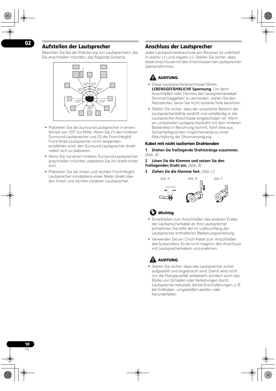 Aufstellen der lautsprecher, Anschluss der lautsprecher | Pioneer VSX-2020-K User Manual | Page 66 / 88