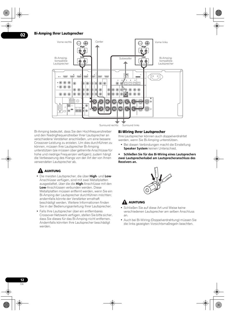 Bi-amping ihrer lautsprecher, Bi-wiring ihrer lautsprecher | Pioneer VSX-2020-K User Manual | Page 68 / 88