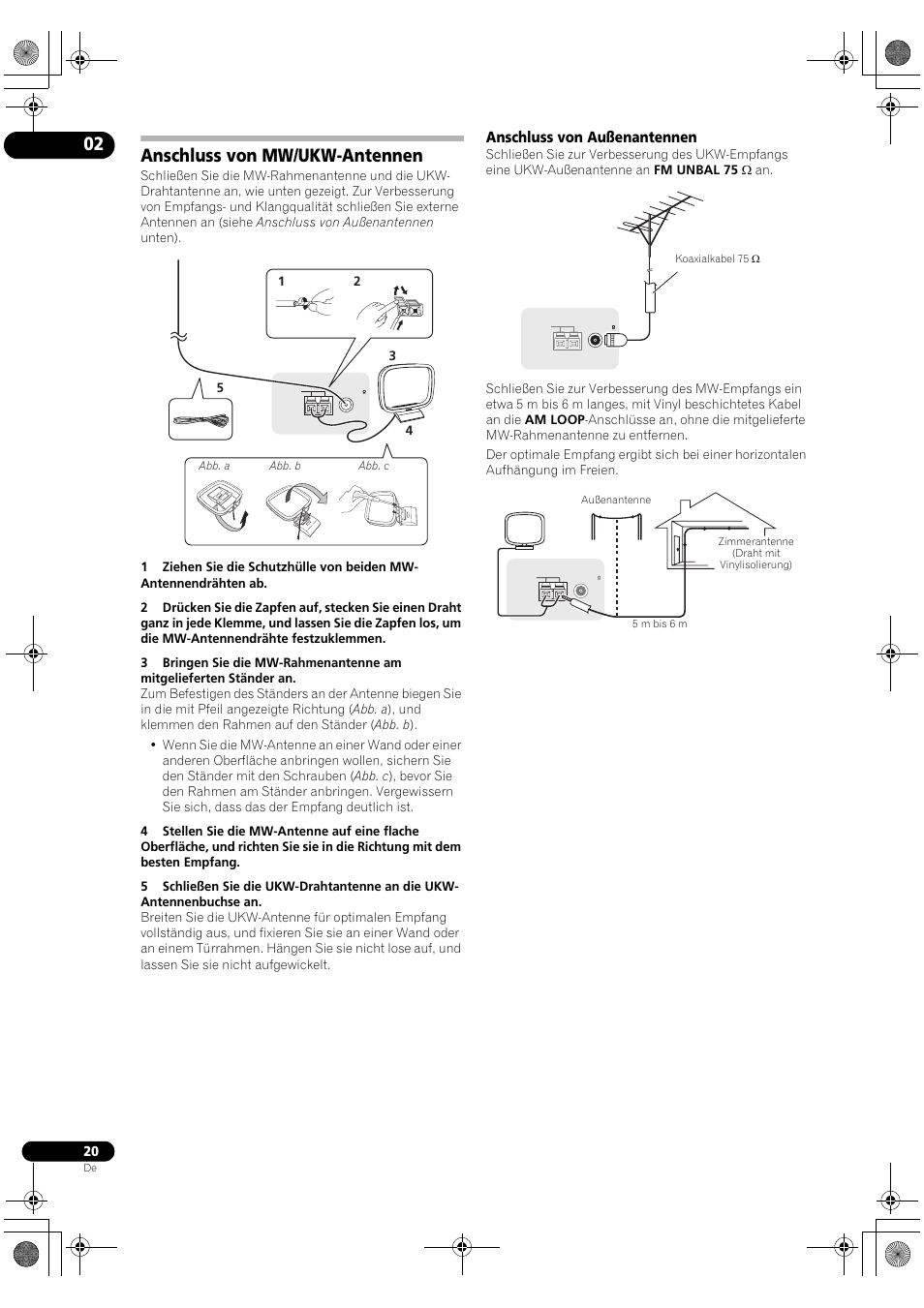 Anschluss von mw/ukw-antennen, Anschluss von außenantennen | Pioneer VSX-2020-K User Manual | Page 76 / 88