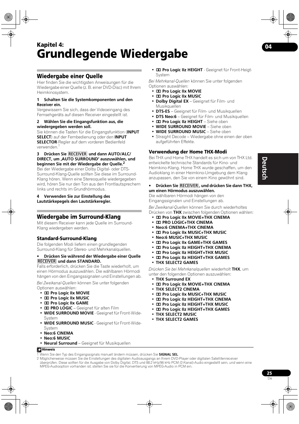 Grundlegende wiedergabe, Wiedergabe einer quelle, Wiedergabe im surround-klang | Standard-surround-klang, Verwendung der home thx-modi, 04 grundlegende wiedergabe, Kapitel 4 | Pioneer VSX-2020-K User Manual | Page 81 / 88