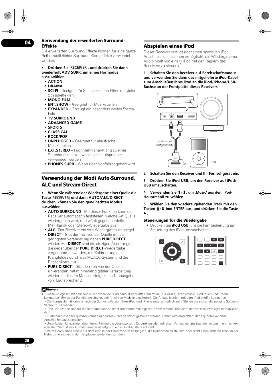 Verwendung der erweiterten surround- effekte, Abspielen eines ipod, Steuerungen für die wiedergabe | Pioneer VSX-2020-K User Manual | Page 82 / 88