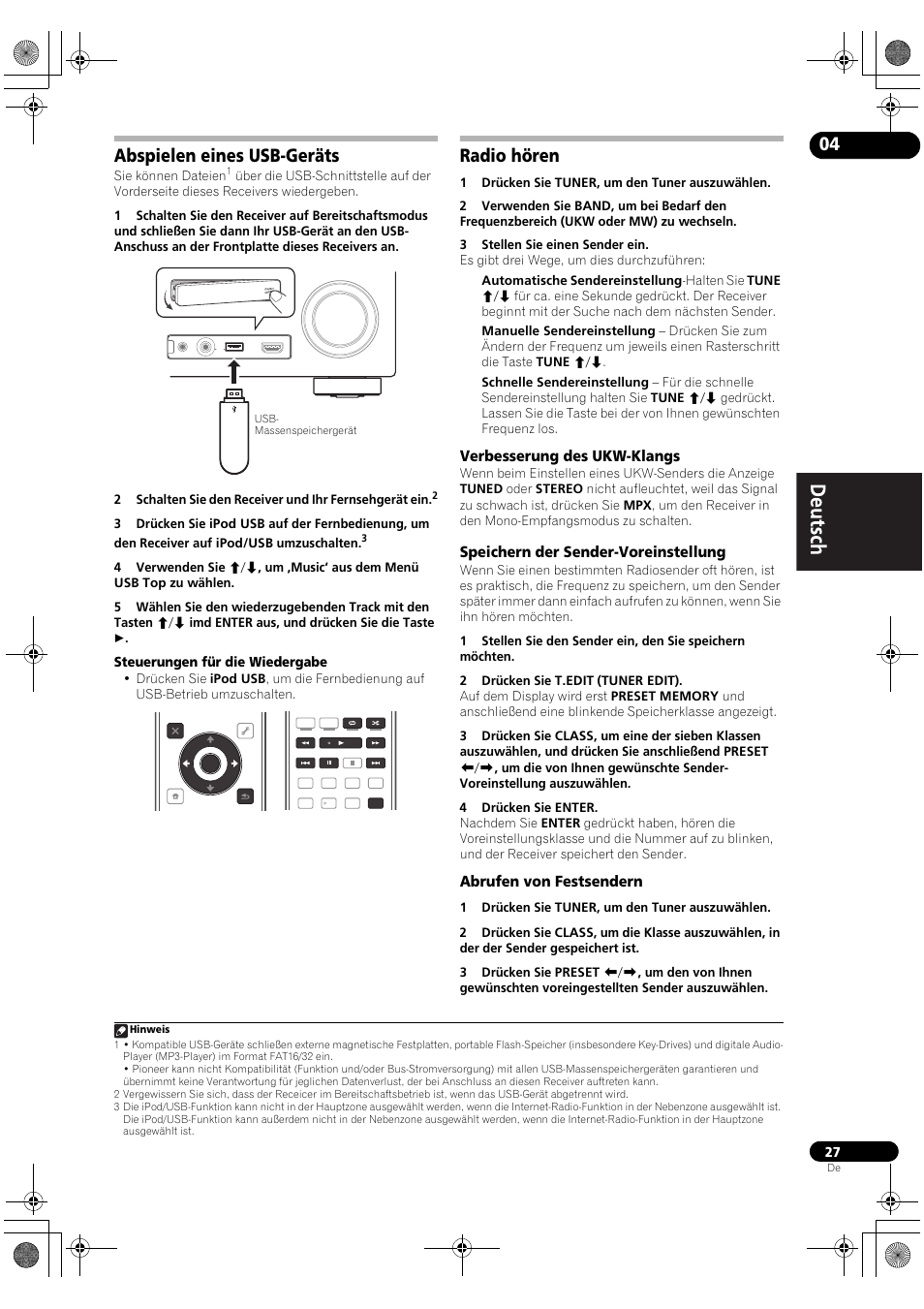 Abspielen eines usb-geräts, Radio hören, Verbesserung des ukw-klangs | Speichern der sender-voreinstellung, Abrufen von festsendern, Steuerungen für die wiedergabe | Pioneer VSX-2020-K User Manual | Page 83 / 88