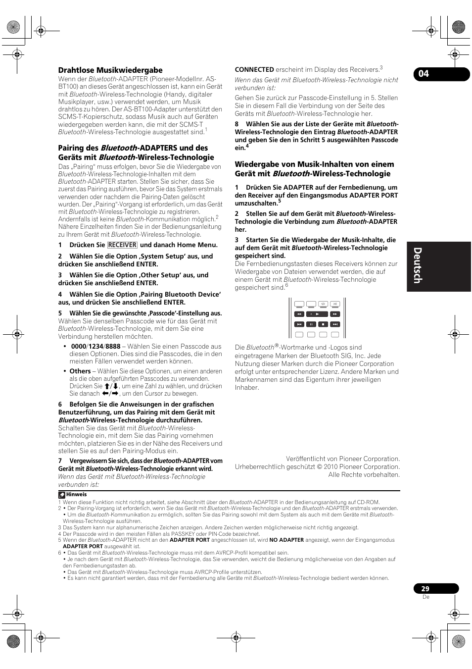 Drahtlose musikwiedergabe, Bluetooth | Pioneer VSX-2020-K User Manual | Page 85 / 88