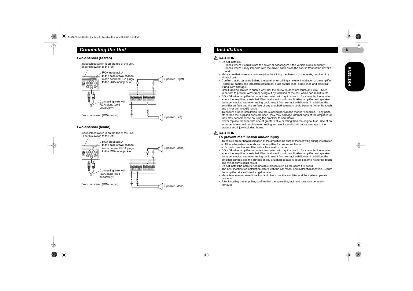 Connecting the unit, Installation | Pioneer PRS-D400 User Manual | Page 8 / 12