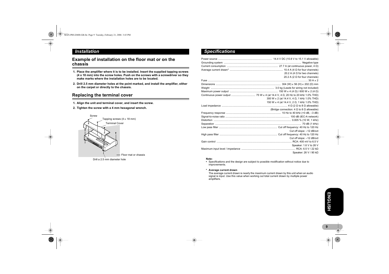 Installation, Specifications | Pioneer PRS-D400 User Manual | Page 9 / 12