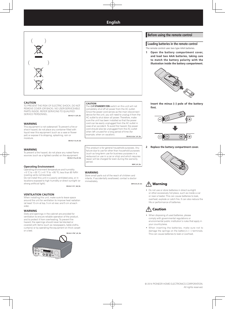 Safety brochure, Usb d/a converter, English | Before using the remote control, Loading batteries in the remote control, Warning, Caution | Pioneer U-05-S User Manual | Page 2 / 8