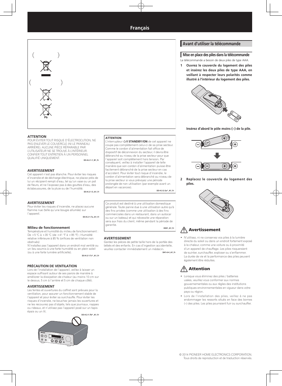 Instructions de sécurité, Convertisseur d/a usb, Français | Avant d’utiliser la télécommande, Mise en place des piles dans la télécommande, Avertissement, Attention | Pioneer U-05-S User Manual | Page 3 / 8