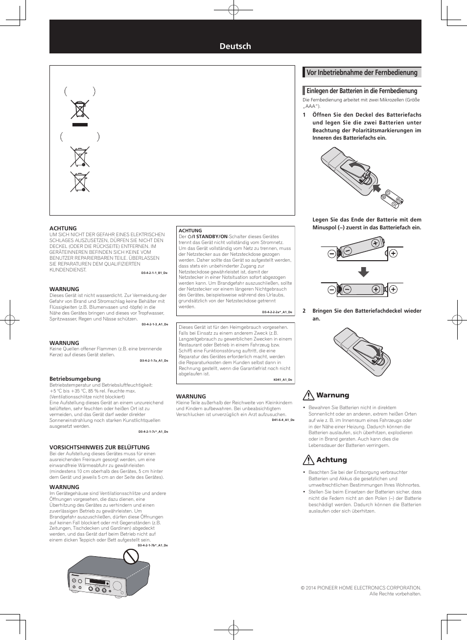 Sicherheitsbroschüre, Usb d/a-wandler, Deutsch | Vor inbetriebnahme der fernbedienung, Einlegen der batterien in die fernbedienung, Warnung, Achtung | Pioneer U-05-S User Manual | Page 4 / 8
