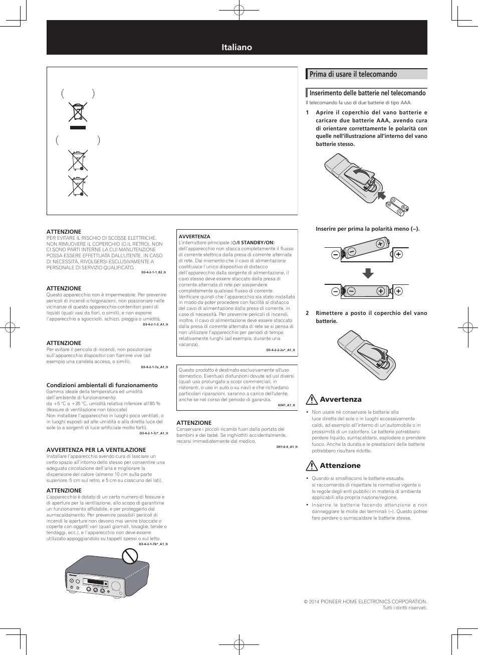 Istruzioni per la sicurezza, Convertitore d/a usb, Italiano | Prima di usare il telecomando, Inserimento delle batterie nel telecomando, Avvertenza, Attenzione | Pioneer U-05-S User Manual | Page 5 / 8