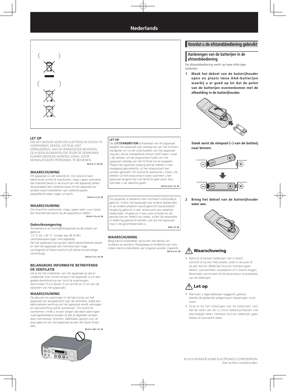 Folder veiligheid, Usb d/a-omzetter, Nederlands | Voordat u de afstandsbediening gebruikt, Waarschuwing, Let op | Pioneer U-05-S User Manual | Page 6 / 8