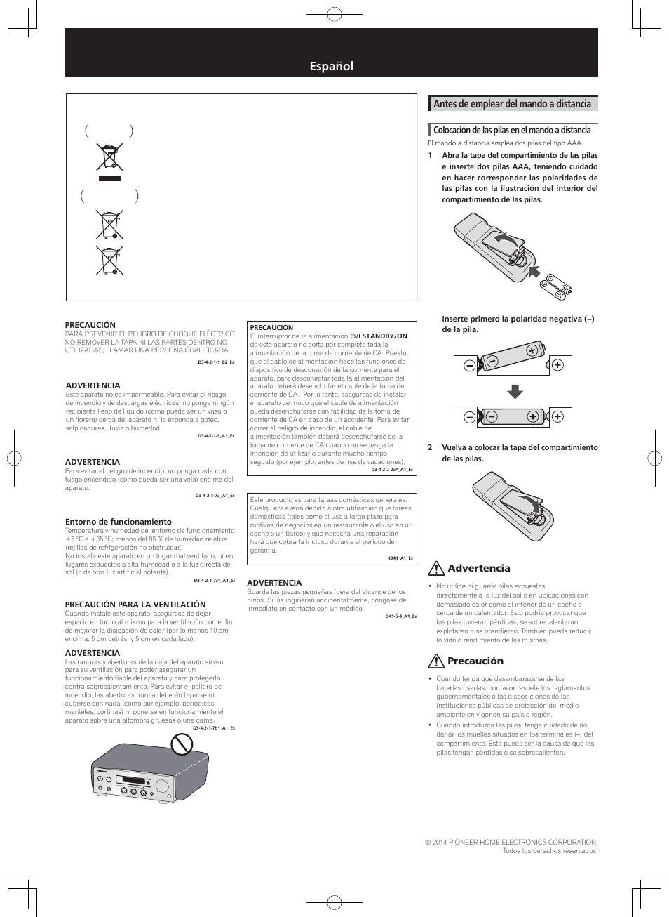 Folleto de seguridad, Convertidor d/a de usb, Español | Antes de emplear del mando a distancia, Colocación de las pilas en el mando a distancia, Advertencia, Precaución | Pioneer U-05-S User Manual | Page 7 / 8