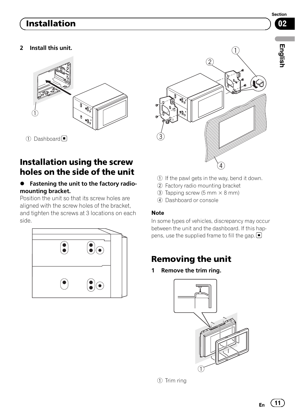 Removing the unit, 02 installation | Pioneer AVH-1400DVD User Manual | Page 11 / 76