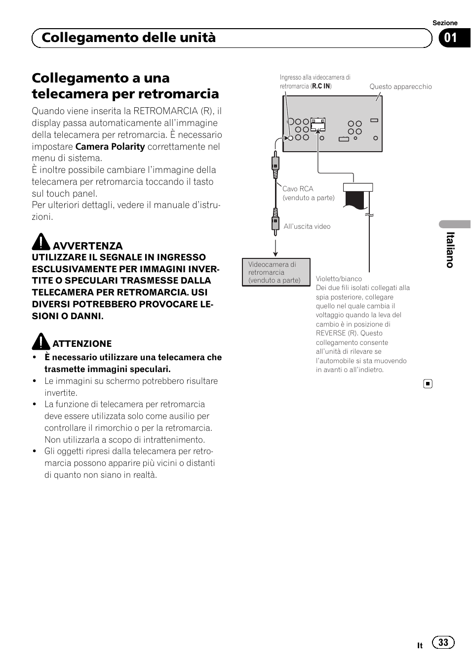 Collegamento a una telecamera per retromarcia, 01 collegamento delle unità | Pioneer AVH-1400DVD User Manual | Page 33 / 76