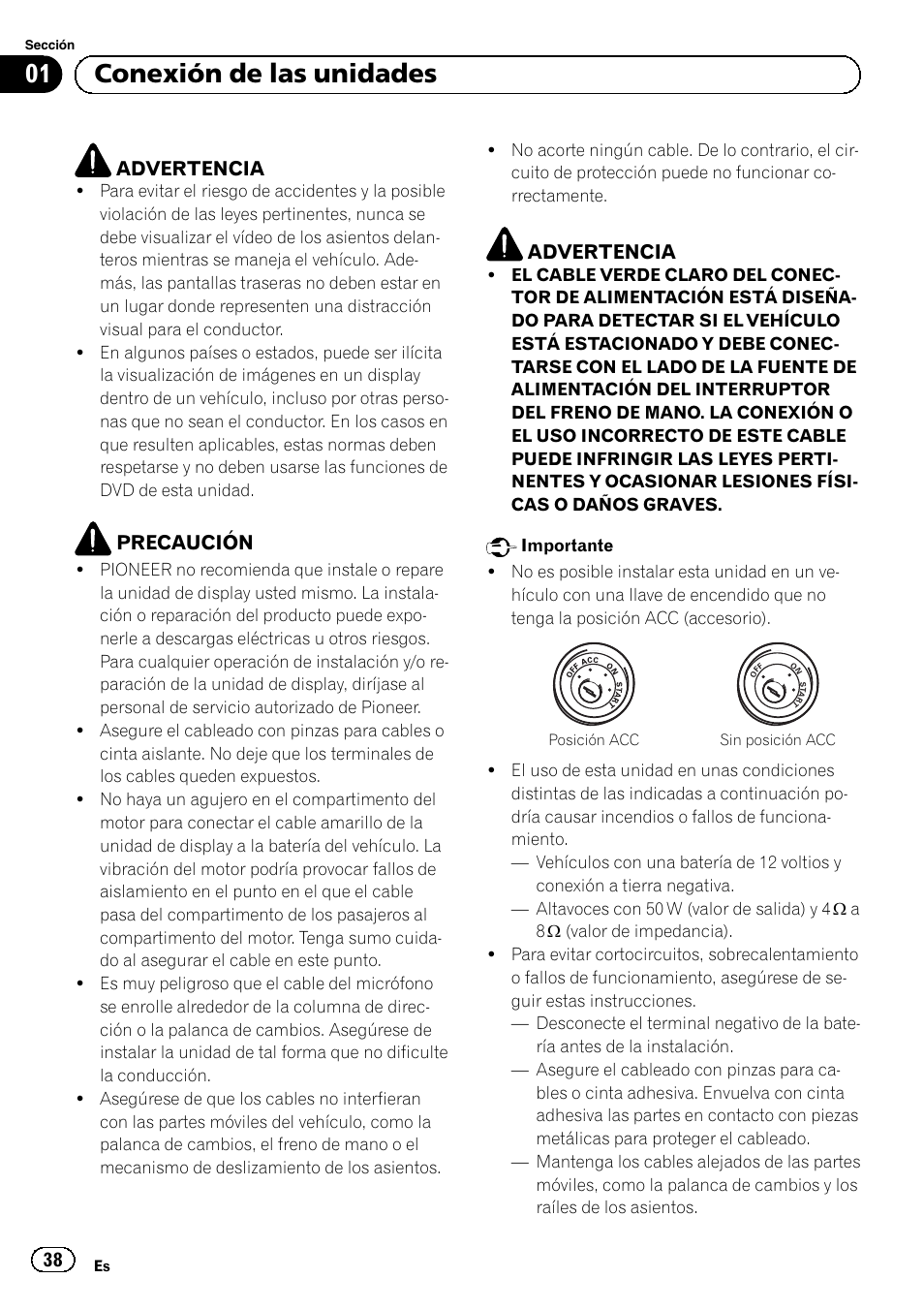 Español, 01 conexión de las unidades | Pioneer AVH-1400DVD User Manual | Page 38 / 76