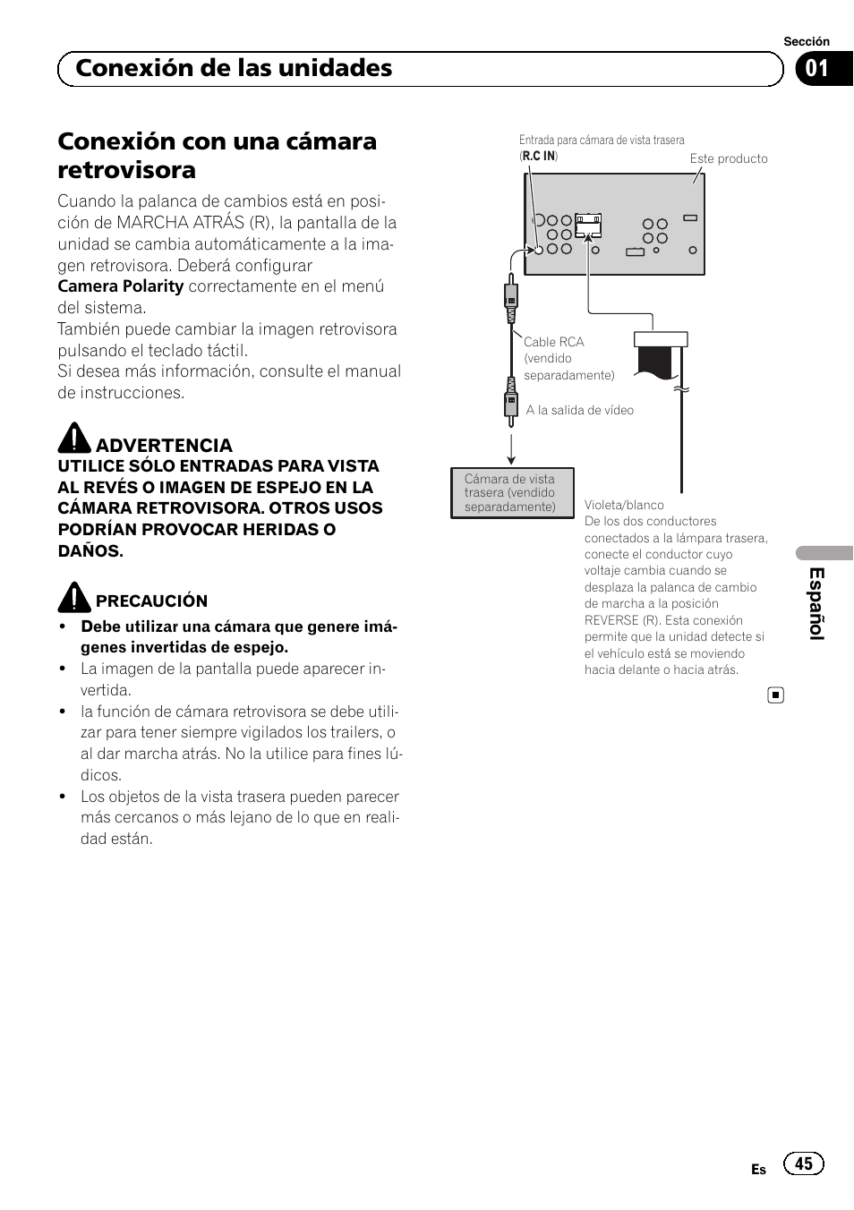 Conexión con una cámara retrovisora, 01 conexión de las unidades | Pioneer AVH-1400DVD User Manual | Page 45 / 76