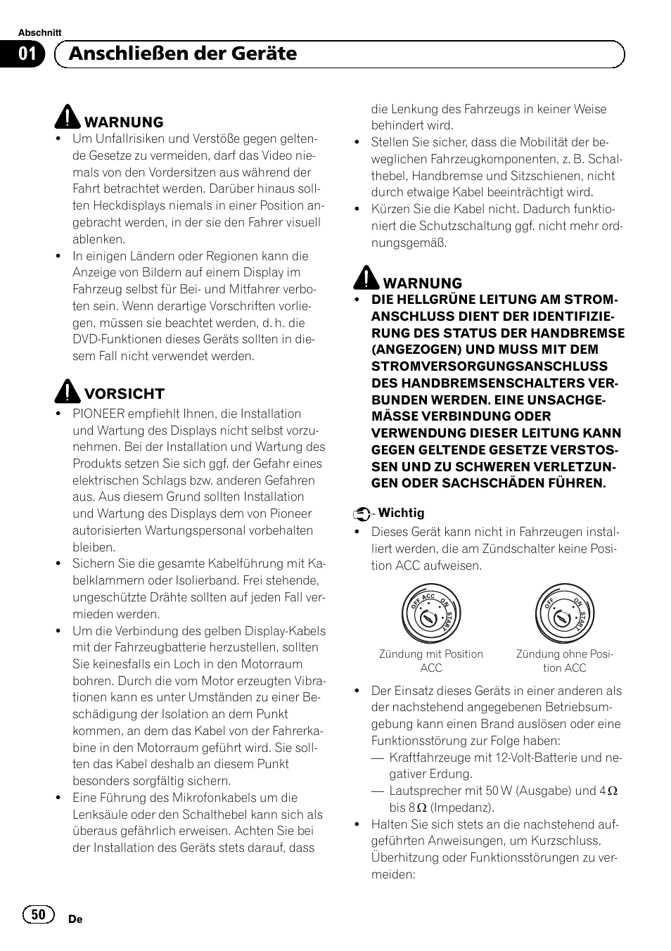 Deutsch, 01 anschließen der geräte, Warnung | Vorsicht | Pioneer AVH-1400DVD User Manual | Page 50 / 76