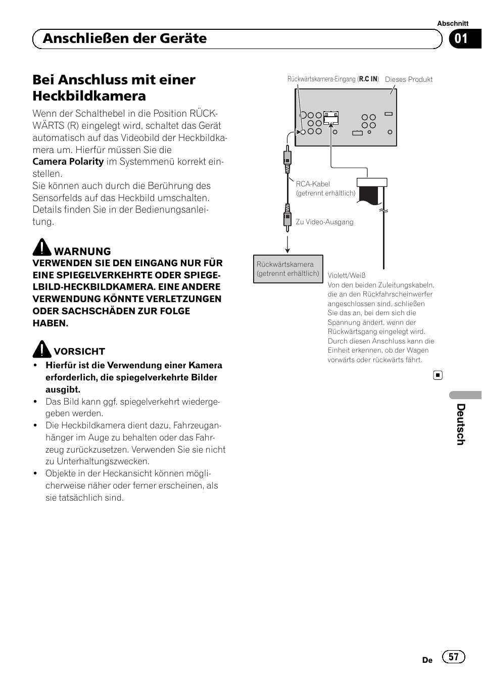 Bei anschluss mit einer heckbildkamera, 01 anschließen der geräte | Pioneer AVH-1400DVD User Manual | Page 57 / 76