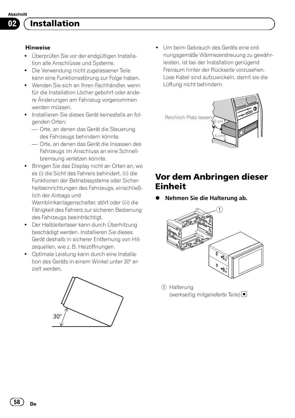Vor dem anbringen dieser einheit, 02 installation | Pioneer AVH-1400DVD User Manual | Page 58 / 76