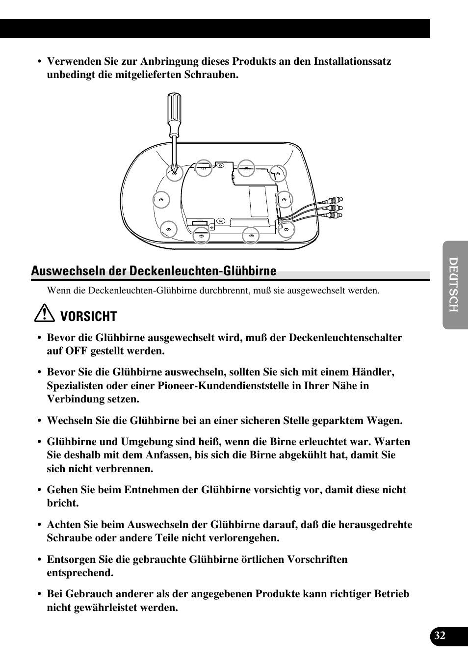 Auswechseln der, Deckenleuchten-glühbirne, Auswechseln der deckenleuchten-glühbirne | Vorsicht | Pioneer AVR-W6100 User Manual | Page 101 / 104
