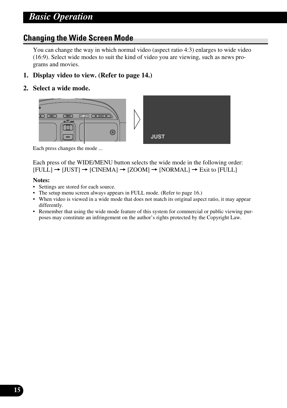 Changing the wide screen mode, Wide modes available, Basic operation | Pioneer AVR-W6100 User Manual | Page 16 / 104