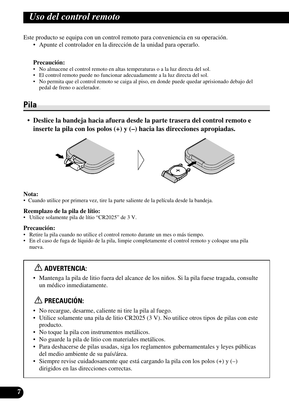 Uso del control remoto, Pila | Pioneer AVR-W6100 User Manual | Page 42 / 104