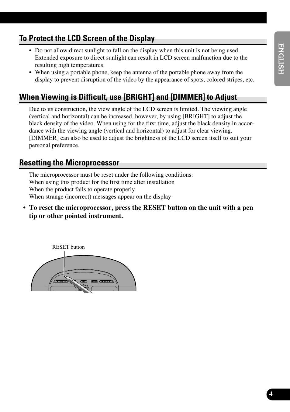 When viewing is difficult, use [bright] and, Dimmer] to adjust, Resetting the microprocessor | Pioneer AVR-W6100 User Manual | Page 5 / 104