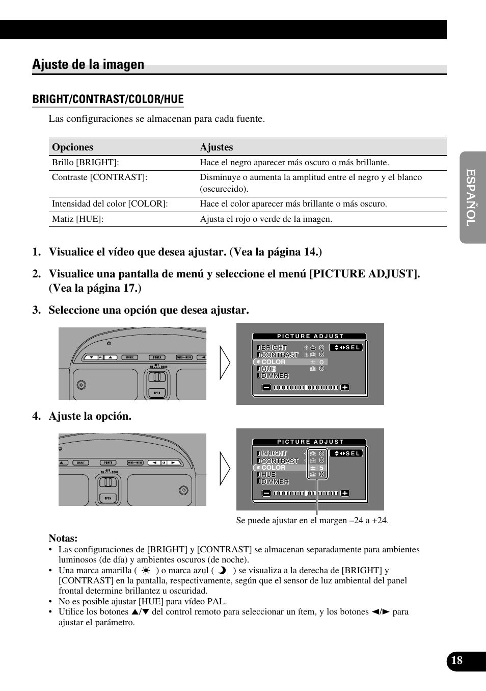 Ajuste de la imagen, Bright/contrast/color/hue, Dimmer (regulador de la intensidad luminosa) | Pioneer AVR-W6100 User Manual | Page 53 / 104