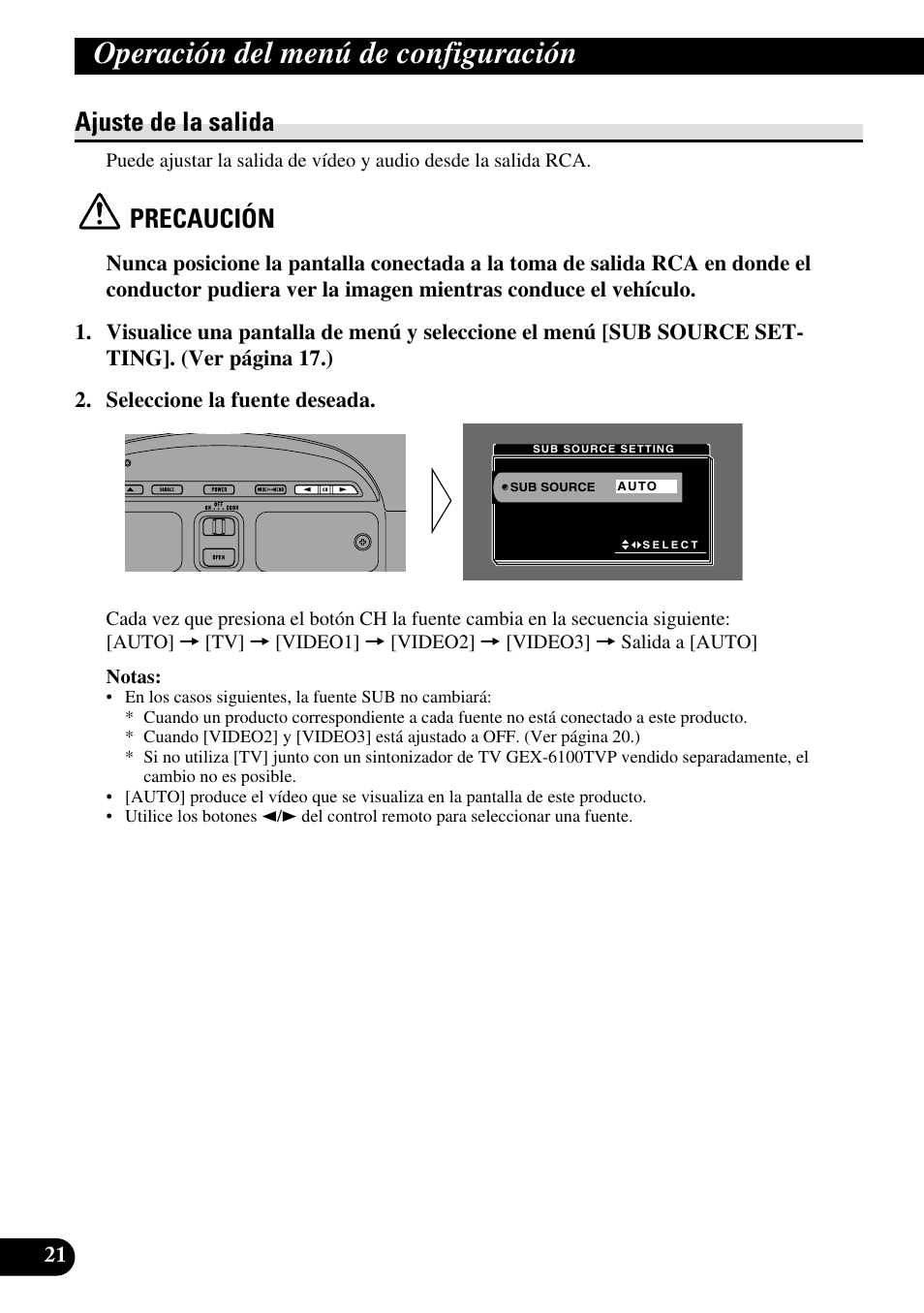 Ajuste de la salida, Operación del menú de configuración, Precaución | Pioneer AVR-W6100 User Manual | Page 56 / 104