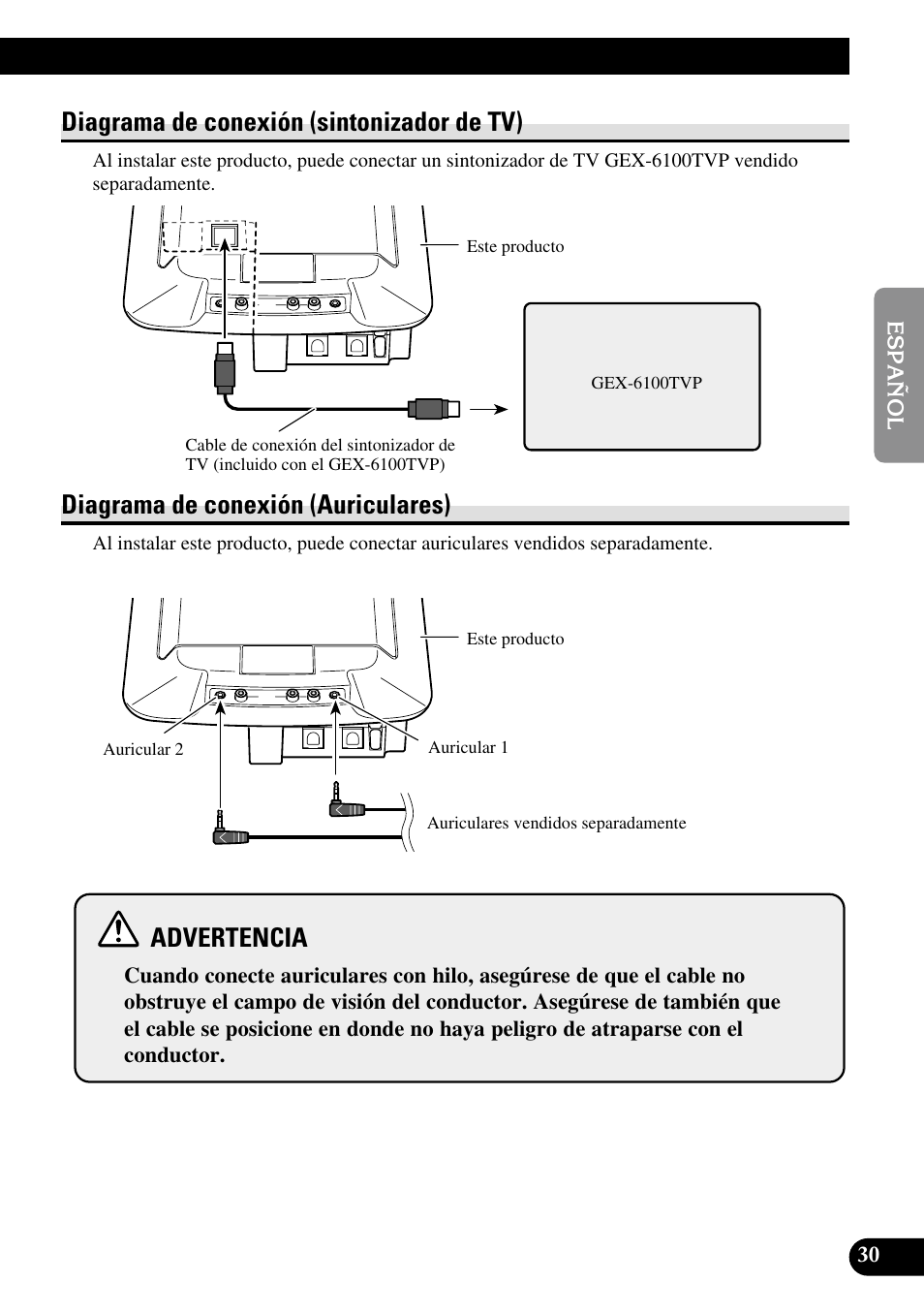 Diagrama de conexión, Sintonizador de tv), Diagrama de conexión (auriculares) | Diagrama de conexión (sintonizador de tv), Advertencia | Pioneer AVR-W6100 User Manual | Page 65 / 104