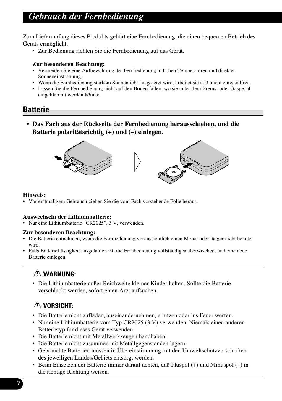 Gebrauch der fernbedienung, Batterie | Pioneer AVR-W6100 User Manual | Page 76 / 104