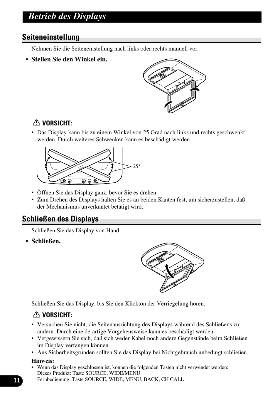 Seiteneinstellung schließen des displays, Betrieb des displays, Seiteneinstellung | Schließen des displays | Pioneer AVR-W6100 User Manual | Page 80 / 104